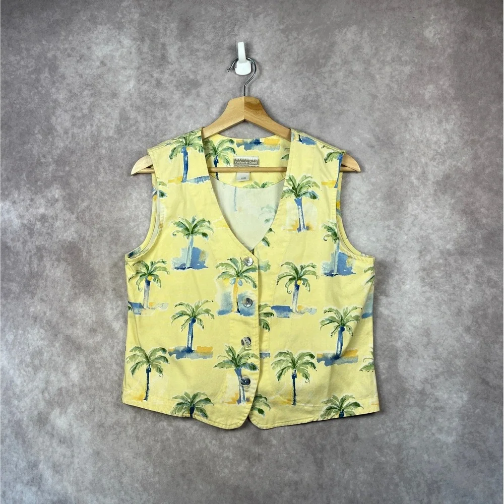 VTG 90s Coldwater Creek Palm Tree Print Vest Sleeveless Top Yellow Tropical